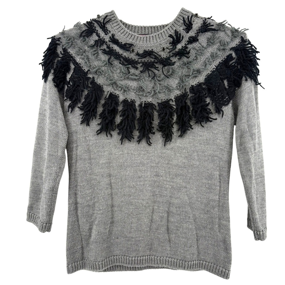 Rara Avis by Iris Apfel Knit Sweater Gray Black Fringe Beaded Embellished Size M